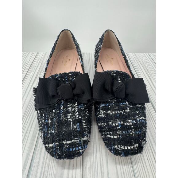 Kate Spade Blue Gino Tuxedo Tweed Loafer Heels Women’s 8M Black Bow Chunky Heel - Picture 3 of 10